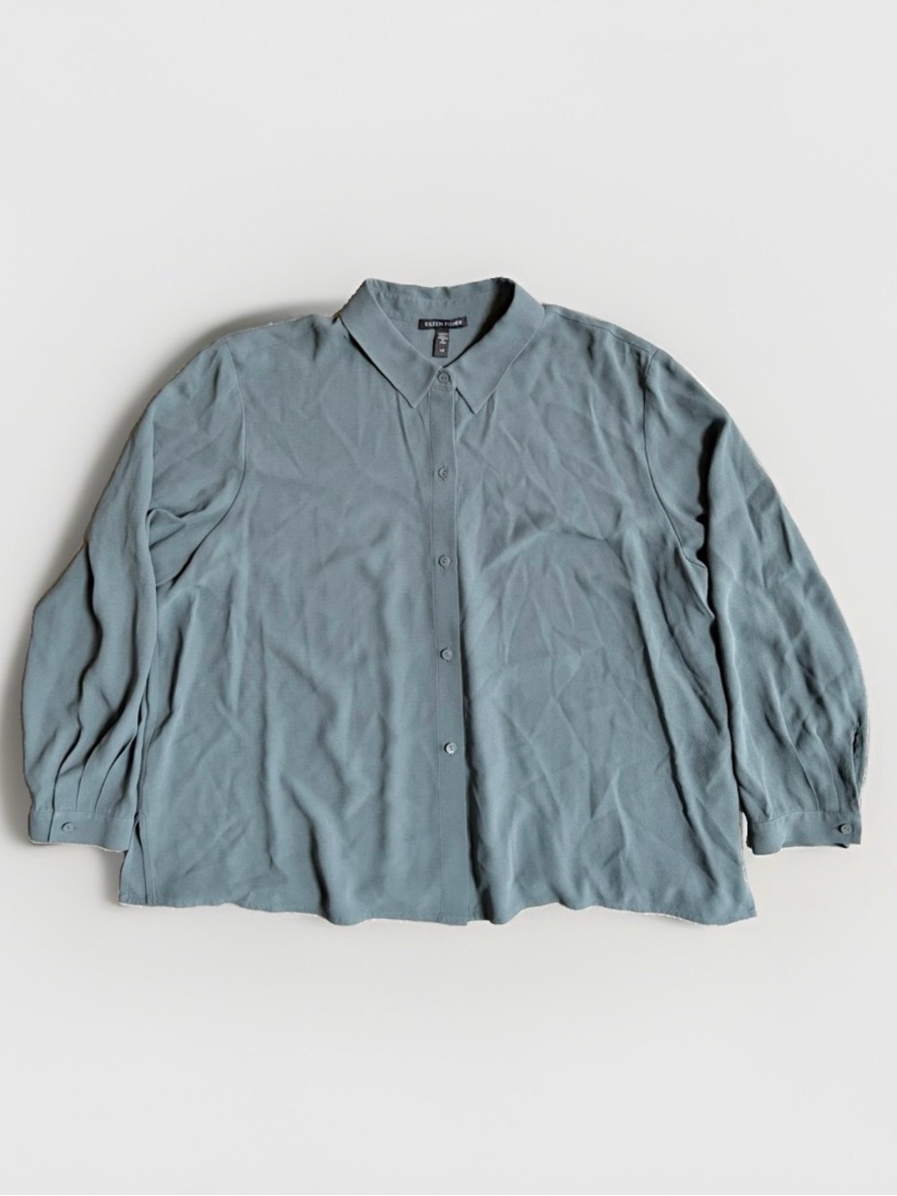 EILEEN FISHER Silk Georgette Crepe Shirt Blouse Blue Gray Long Sleeve Woman’s L